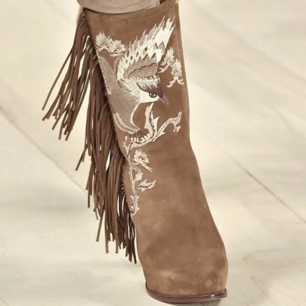 Ralph Lauren Fall 2015 Runway Collection Morel Suede Embroidered Fringe Boot - Picture 10 of 17